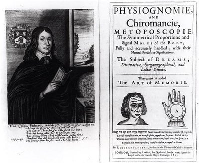 Titelpagina van Physiognomie en Chiromancie: De Kunst van het Geheugen door Richard Sanders, met een portret van de auteur, gepubliceerd in 1653 door English School